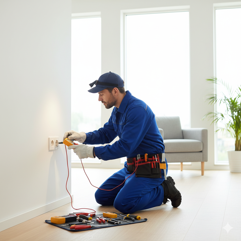 Electricista profesional revisando un enchufe en una vivienda moderna, con herramientas y guantes de seguridad